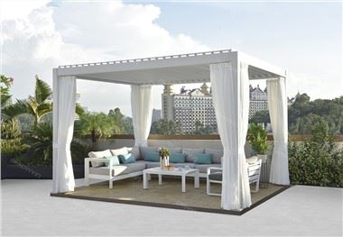 Howvin aluminiumpergola med utfällbar kapell Vindtäta rullgardiner för utegårdar Skugga solen och förhindra regn och mygg